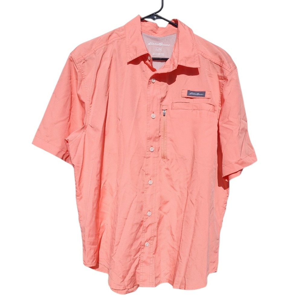 Eddie Bauer First Ascent Mens Coral‎ Pink Ripstop Vented Fishing Shirt Large